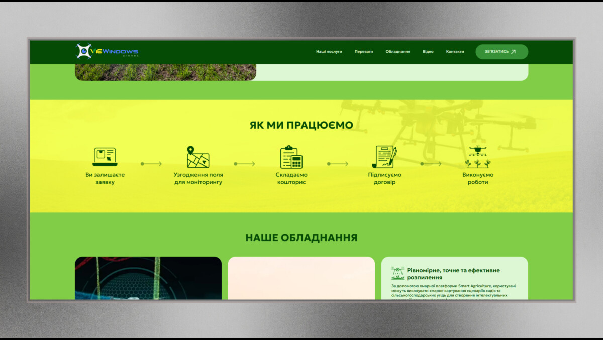 Блок етапів роботи та обладнання лендингу «VieWindows»