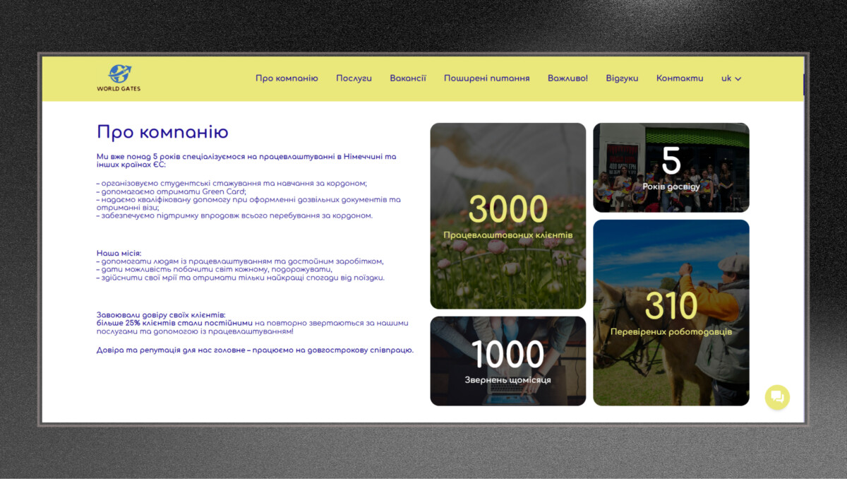 Блок «Про компанію» лендингу «World Gates» зі статистикою працевлаштування