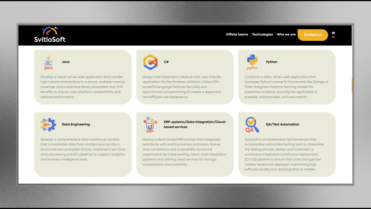 Блок технологічного стеку лендингу «SvitloSoft» для розробки програмного забезпечення