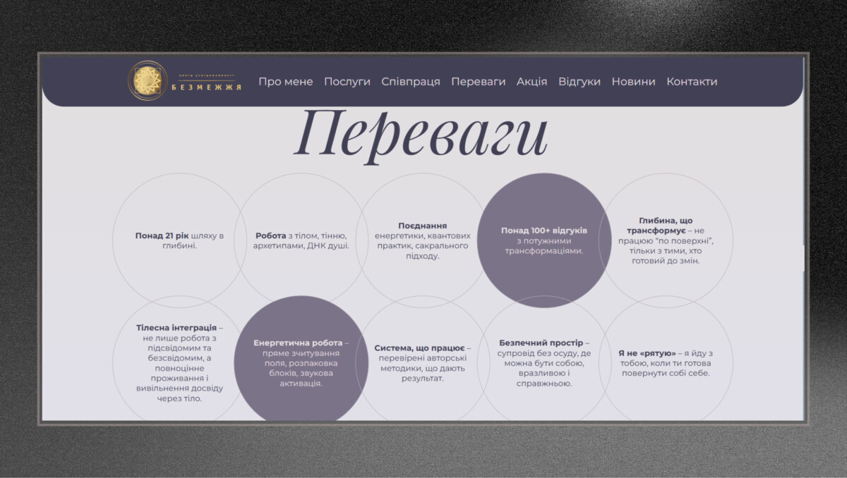 Блок переваг лендингу центру усвідомленості «Безмежжя»